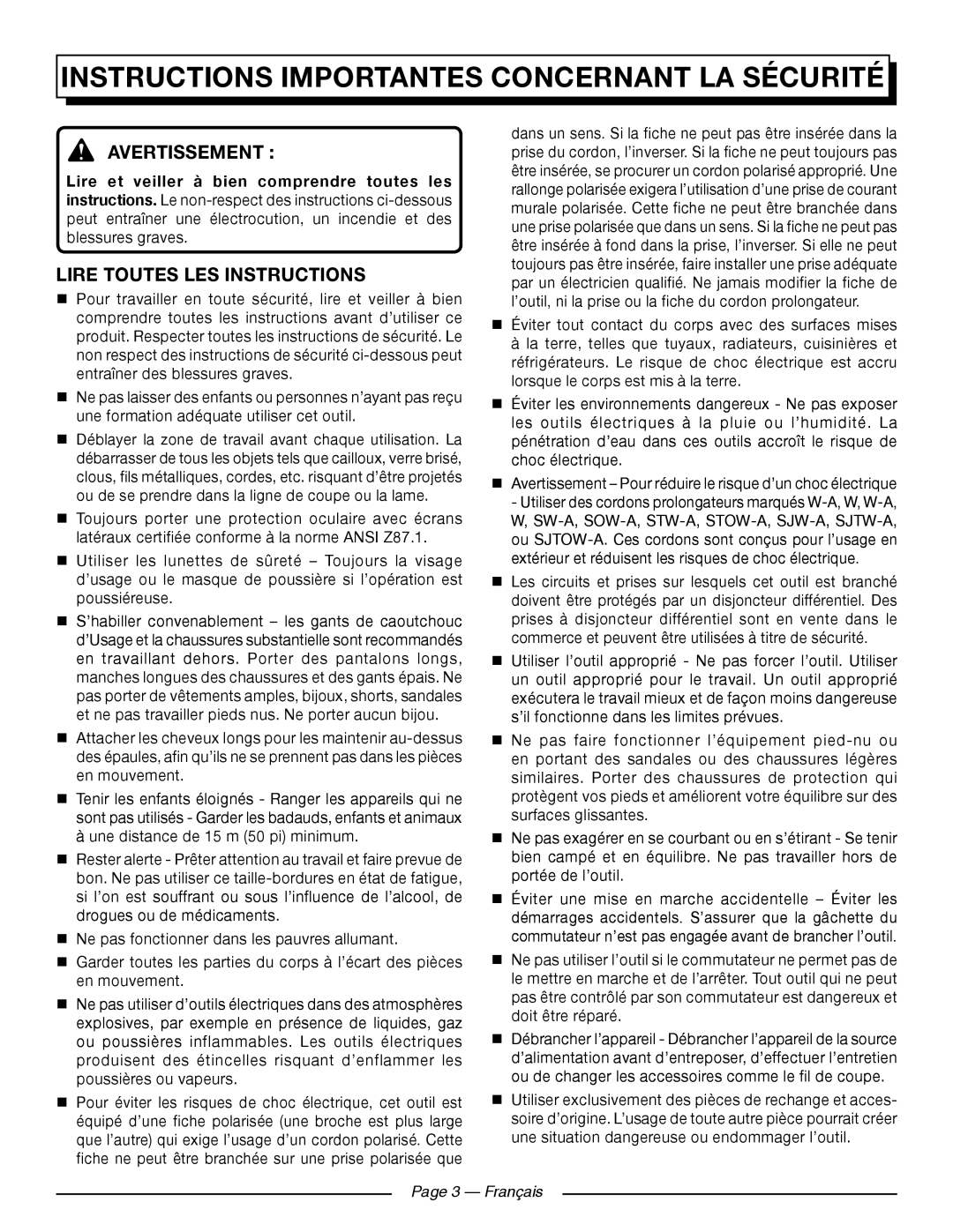 Homelite UT41121 Instructions Importantes Concernant La Sécurité, Avertissement , Lire Toutes Les Instructions 